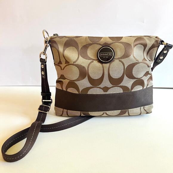 COACH Signature Crossbody, Brown Logo Print - Picture 1 of 15